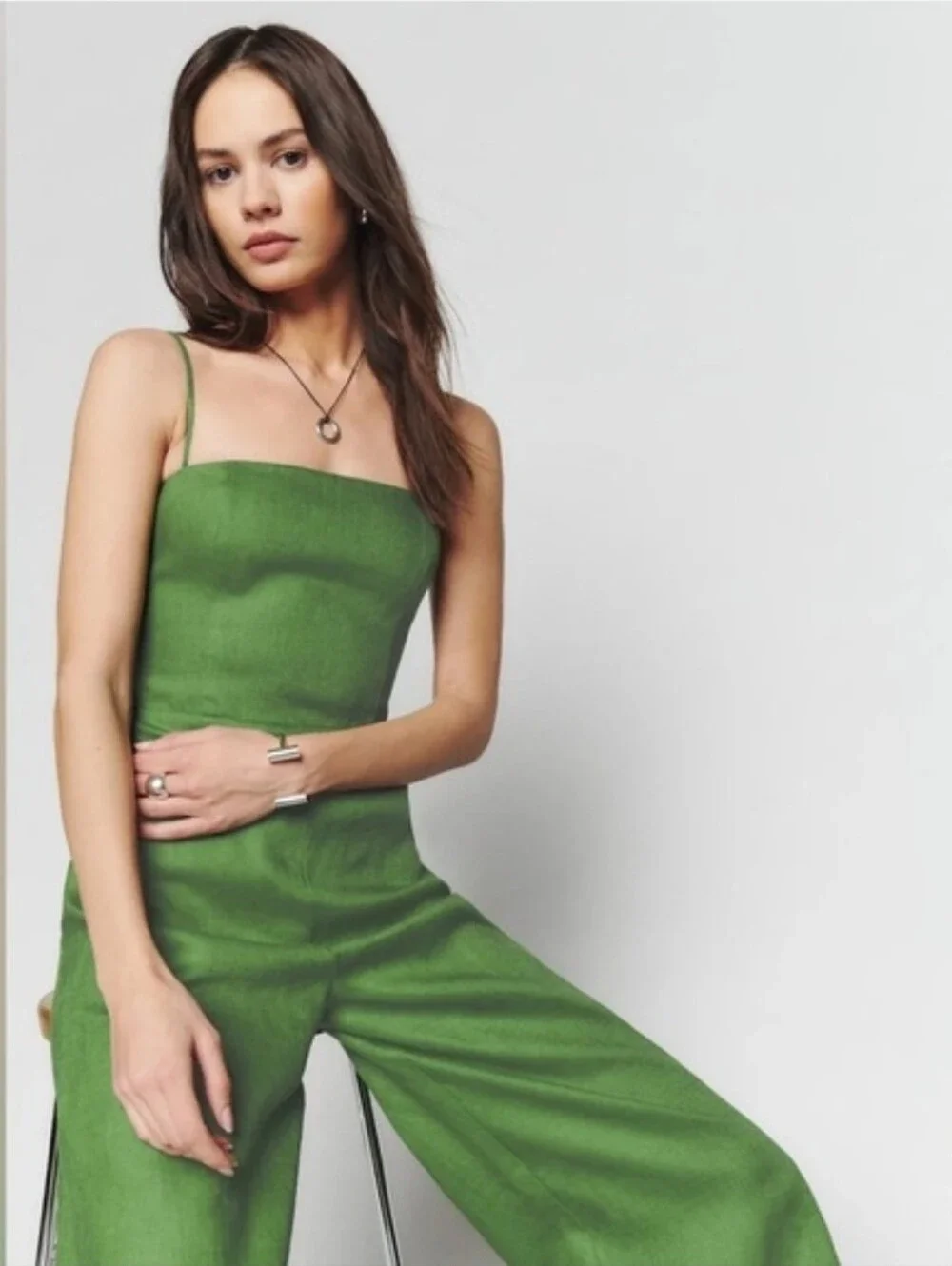 Reformation Alva Linen Wide Leg Jumpsuit Palm Green Size 10